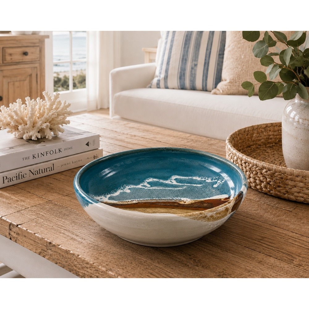 Modern Coastal Ocean Beach Art Decor Bowl Unique Handmade Pottery Abstract 10"
